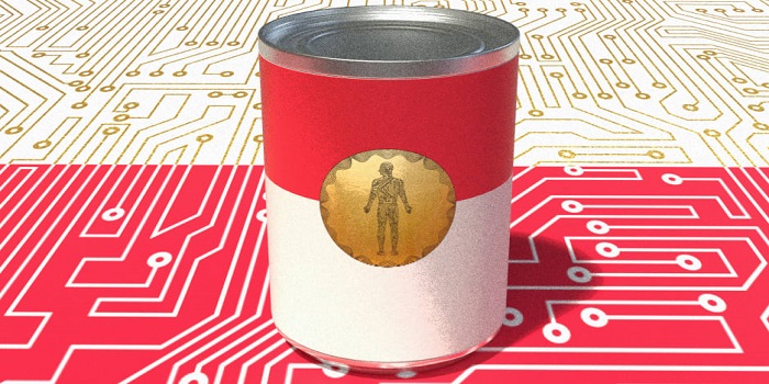 یک قوطی سفید قرمز با طرح یک آدمک طلایی وسط دو رنگ روی برد الکترونیک