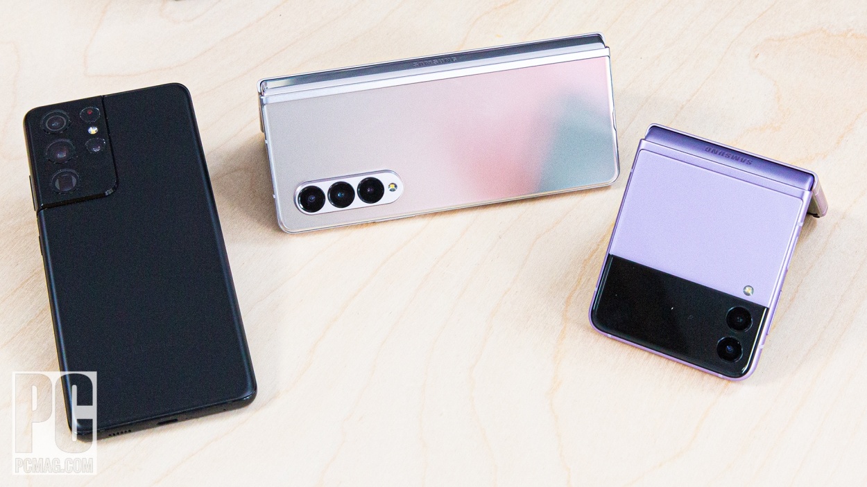 Samsung's 2021 premium lineup (left to right): the S21 Ultra, Z Fold 3 and Z Flip 3