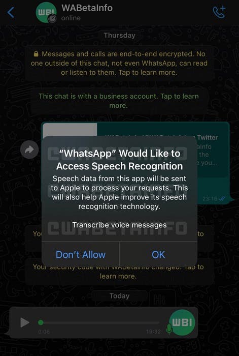 پیامی از واتساپ جهت تبدیل پیام های صوتی به متن